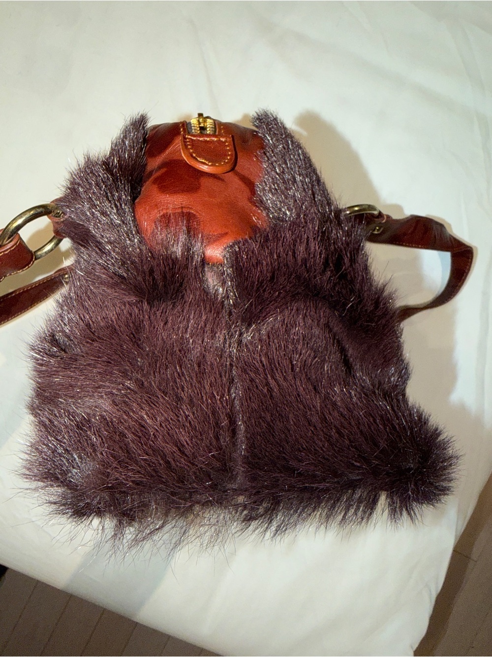 Just Cavalli Vintage brownLeather and Fur Accent Shoulder Bag with Gold Hardware - Picture 5 of 16
